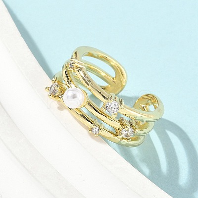 Brass Micro Pave Cubic Zirconia ABS Imitation Pearl Cuff Rings RJEW-D307-02G-B-1