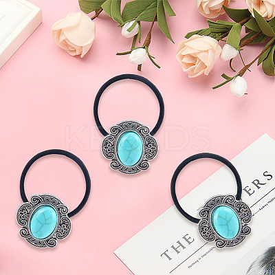 3Pcs Alloy & Resin Imitation Synthetic Turquoise Hair Ties OHAR-CY0001-10A-1