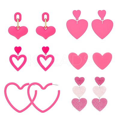 6 Pairs 6 Style Plastic & Acrylic Heart Dangle Stud Earrings EJEW-AN0003-58-1