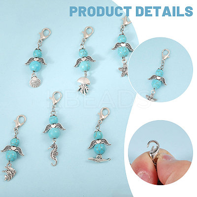 32Pcs 8 Styles Synthetic Turquoise Beads & Alloy Sea Animal Pendant Decorations HJEW-CA00068-1