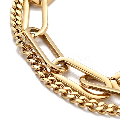 PVD Vacuum Plating 201 Stainless Steel Paper & Curb Chains Double Layered Multi-strand Bracelet for Women BJEW-A126-19G-1