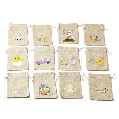 12Pcs 12 Styles Easter Egg Chick Rabbit Printed Rectangle Burlap Cloth Packing Pouches ABAG-U006-01-1