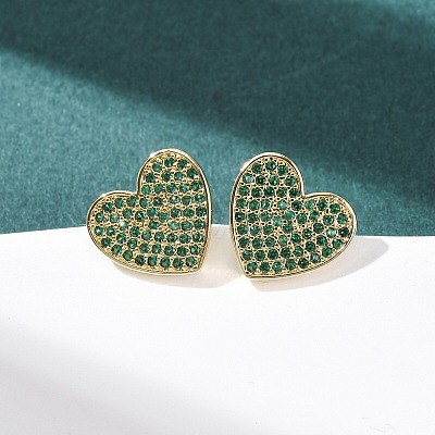 Heart Brass Micro Pave Cubic Zirconia Stud Earrings EJEW-H178-01G-03-1
