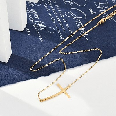 Ion Plating(IP) 304 Stainless Steel Religion Curved Cross Pendant Cable Chain Necklaces for Women NJEW-P320-13G-1