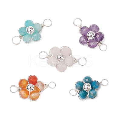 5Pcs 5 Styles Natural Amazonite & Apatite & Rose Quartz & Amethyst & Red Agate Faceted Round Beaded Flower Connector Charms PALLOY-JF03605-02-S-1