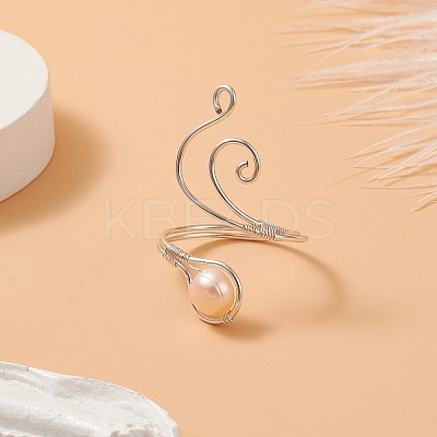 Copper Wire Wrapped Natural Freshwater Pearl Cuff Rings for Women RJEW-JR00553-02-1