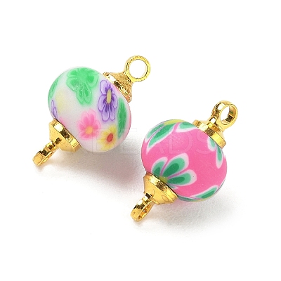 Handmade Polymer Clay Floral Rondelle Connector Charms CLAY-I012-06G-1