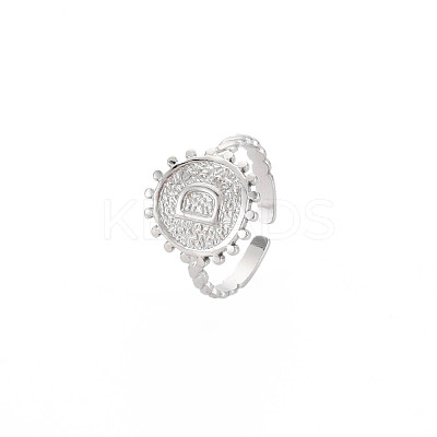 Non-Tarnish 304 Stainless Steel Flat Round with Initial Letter Open Cuff Ring for Men Women RJEW-S405-246P-D-1
