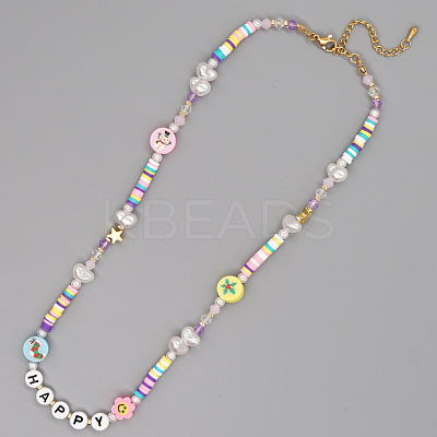 Christmas Theme Glass & Imitation Pearl & Brass HAPPY Heishi Beaded Necklaces LS-GF3195-5-1