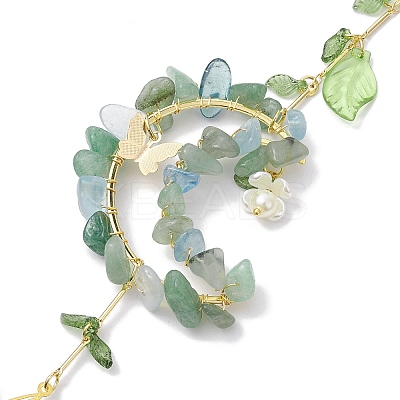 Wire Wrapped Natural Green Aventurine & Aquamarine Chip & Brass Moon Hanging Ornaments HJEW-TA00216-1