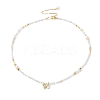 Brass Butterfly Pendant Natural Pearl Necklaces NJEW-L119-05G-1
