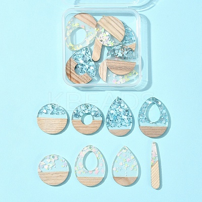 16Pcs 8 Styles Transparent Resin & White Wood Pendants RESI-FS0001-82-1