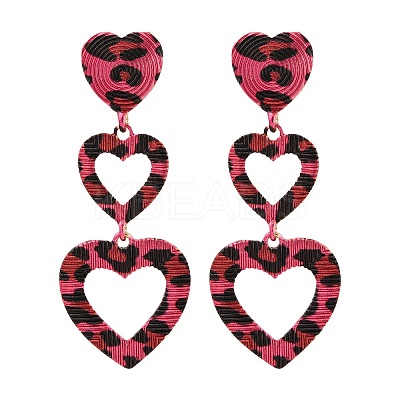 Heart with Leopard Print Alloy Tassel Stud Earrings LS-EJEW-Z112-05G-1