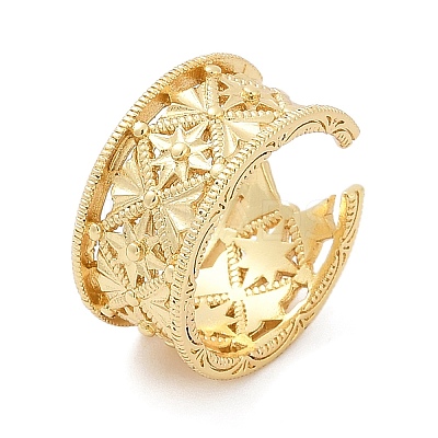 Star Pattern Hollow Brass Open Cuff Rings for Women RJEW-G343-06G-1