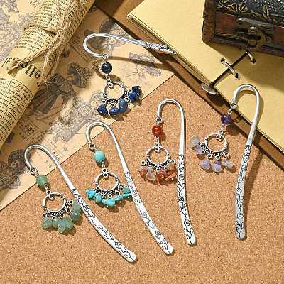 5Pcs 5 Style Ring Alloy Pendant Bookmarks with Gemstone Chip Tassels AJEW-TA00009-1