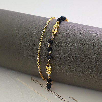 Vintage Beach Brass Round & Black Glass Rondelle Link Chain Double Layer Anklets for Women TO0841-1