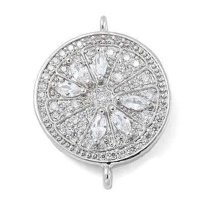 Rack Plating Brass Clear Cubic Zirconia Flat Round Connector Charms KK-A234-045P-1