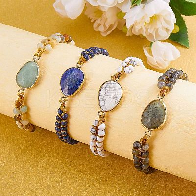 Natural Labradorite Teardrop Link Braided Bead Bracelet BJEW-SZ0002-54C-1