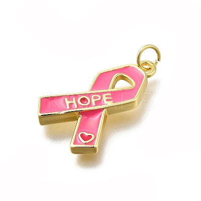October Breast Cancer Pink Awareness Ribbon Brass Enamel Pendants LS-KK-S517-04H-G-1