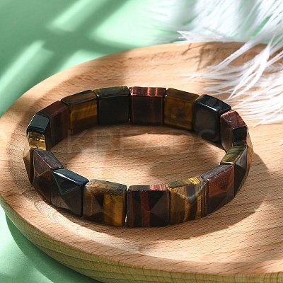 Square Natural Tiger Eye Beads Stretch Bracelets for Women Men BJEW-C097-06U-1