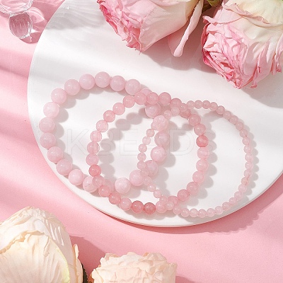 3Pcs Round Natural Rose Quartz Beads Stretch Bracelets BJEW-JB10963-1