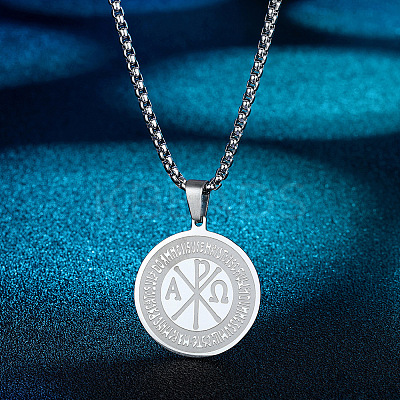 201 Stainless Steel Flat Round with Constantine Cross Pendant Necklaces FS-WG04E5D-02-1