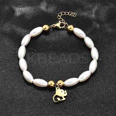 304 Stainless Steel Elephant Charm Bracelets for Women BJEW-C098-13G-1