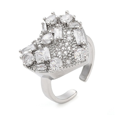 Rack Plating Brass Micro Pave Cubic Zirconia Heart Open Cuff Rings for Women RJEW-C080-05P-1