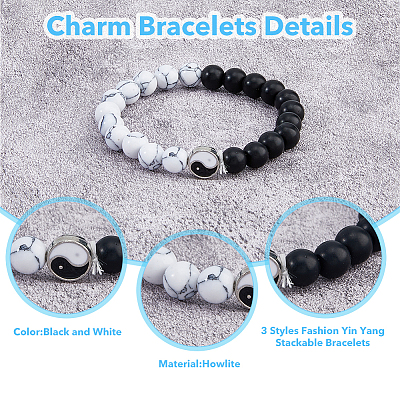 3Pcs 3 Styles Natural Howlite & Frosted Black Stone Beaded Stretch Bracelets Set BJEW-FI0001-21-1