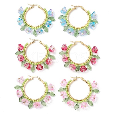 Glass Flower Hoop Earrings EJEW-TA00589-1