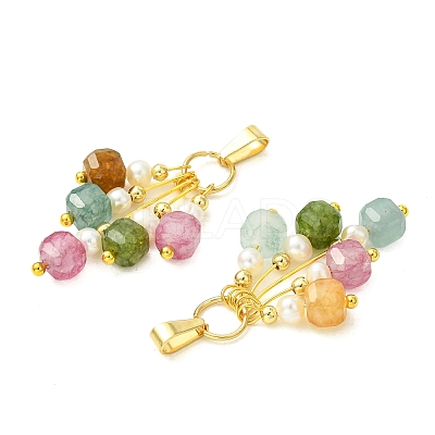 Natural Multicolor Tourmaline Faceted Cube & Natural Cultured Freshwater Pearl Tassel Pendants PALLOY-JF06000-1