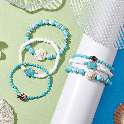 3Pcs 3 Styles Summer Beach Turtle Dyed Synthetic Turquoise & Shell Bead Bracelet Sets BJEW-JB10313-1