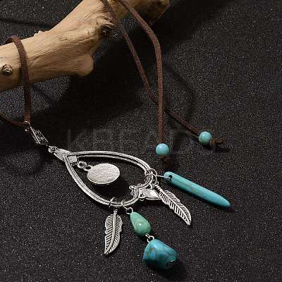 Bohemian Style Alloy Feather & Synthetic Turquoise Heart Long Pendant Necklaces for Women LS-NJEW-G158-01A-1