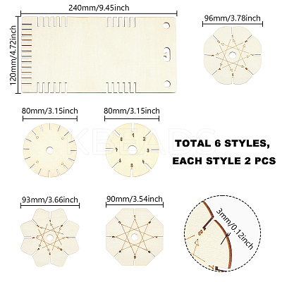 12Pcs 6 Styles Wood Braiding Disks AJEW-GA0009-99-1