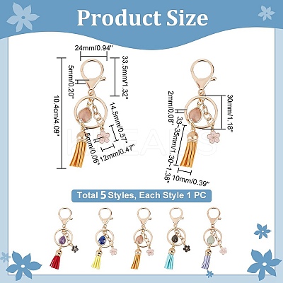 5Pcs 5 Styles Natural Gemstone Nuggets Bead Tassel Pendant Keychain KEYC-NB0001-51-1