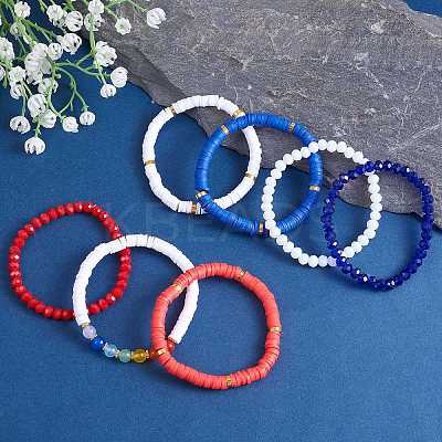 7Pcs 7 Style Handmade Polymer Clay Heishi Surfer Stretch Bracelets Set BJEW-SW00075-1