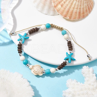 Starfish & Tortoise Synthetic Turquoise Braided Bead Bracelet BJEW-JB09967-01-1