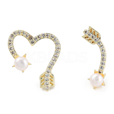 Clear Cubic Zirconia Arrow & Heart Asymmetrical Earrings with Natural Pearl Beaded EJEW-T019-06G-1