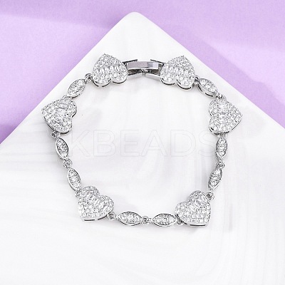 Heart & Horse Eye Brass Micro Pave Clear Cubic Zirconia Link Chain Bracelets for Women BJEW-G740-03P-1