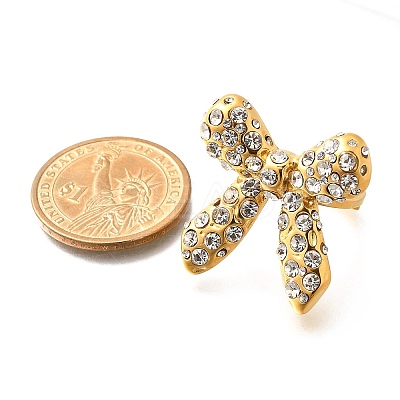 Bowknot 304 Stainless Steel Rhinestone Cuff Rings for Women RJEW-A058-01B-G-1