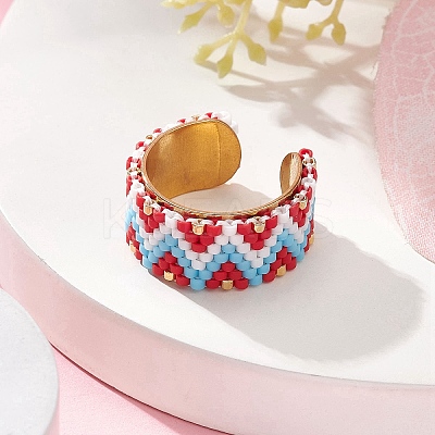Glass Seed Beaded Wave Open Cuff Rings RJEW-MZ00008-1