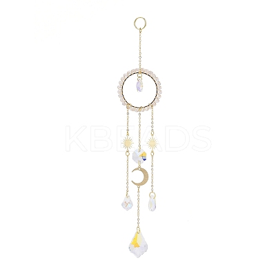 Natural Rose Quartz Woven Net/Web with Feather Window Hanging Suncatchers HJEW-JM00852-01-1