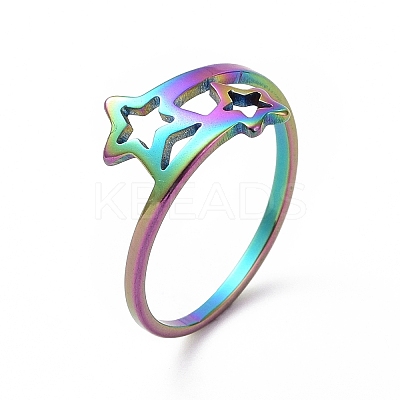 Ion Plating(IP) 201 Stainless Steel Double Star Finger Ring RJEW-J051-14MC-1