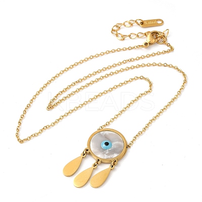 Woven Net with Evil Eye Natural Shell with Enamel Pendant Necklaces NJEW-E104-02G-1