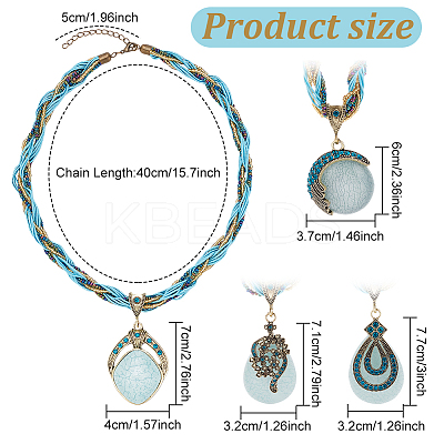 4Pcs 4 Style Flat Round & Teardrop & Rhombus Resin Pendant Necklace Sets with Rhinestone NJEW-AN0001-07-1