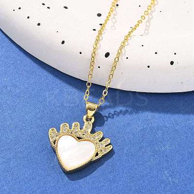 Brass Micro Pave Clear Cubic Zirconia & Natural White Shell Crown Heart Pendant Necklaces for Women NJEW-R027-02G-1