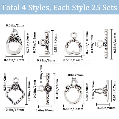 100Pcs 4 Styles Tibetan Style Alloy Toggle Clasps FIND-SC0008-04-1