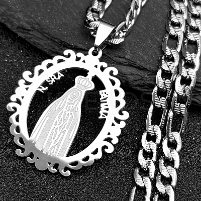 Ring with Virgin Mary 201 Stainless Steel Pendant Necklaces for Men Women NJEW-K283-23P-1