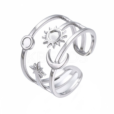 Non-Tarnish 304 Stainless Steel Moon and Star Open Cuff Ring RJEW-T023-32P-1