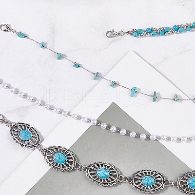 2 Sets 2 Styles Synthetic Turquoise Chips & Plastic Imitation Pearl Beads Hat Chain AJEW-CN0004-03-1